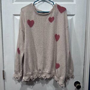 Distressed Knit Sweater with Pink Hearts, Boutique Style